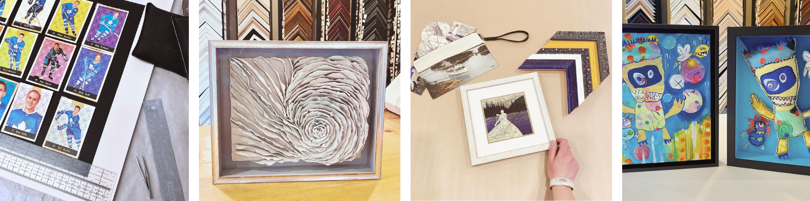 Four square photos show various framed objects, including old hockey cards, an encaustic art piece,  a framed print of a Brockville map, and a child's monster toy