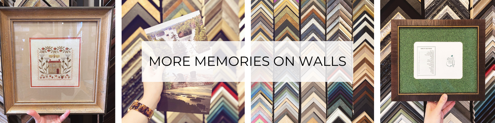 Four square photos show various images, including a framed needlepoint, postcards of the Thousand Islands, a wall of frame samples, and a framed golf card